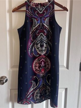Banana Republic Sleeveless Navy Paisley Print Shift Dress - Navy & Red